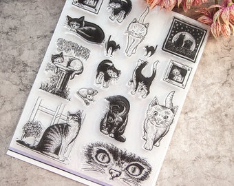 Clear stamps, clear stamp set, rubber stamps, rubber stamp set, rubber stamp vintage| animals stamps，cats stamps