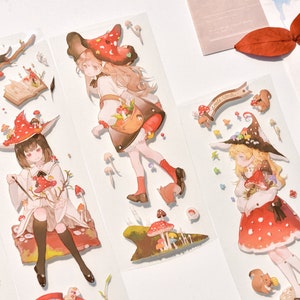 Nastro adesivo PET Mushroom Girl, nastro washi/trasparente, adesivi kawaii, kit di diario spazzatura per planner, album di ritagli/autunno, GLACIER-01
