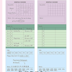 May include: A two-page spread from a planner with a pink and purple color scheme. The left page has a monthly checker, memo section, and daily entries for December. The right page is a blank monthly checker. Text includes "Monthly, Weekly Review."