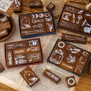 7pc/set Rubber Stamps Set, Wood Stamp Rubber, Junk Journal Kit, Scrapbooking, Planner | Handmade, Moon, Travel, Stationery, AL762