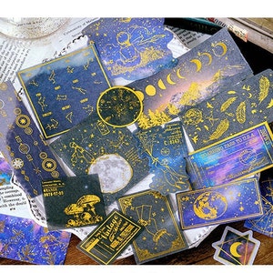 60 Stück Mond Deko Aufkleber, Sterne Junk Journal Kit, Himmlische Goldfolie Washi Aufkleber, AL014