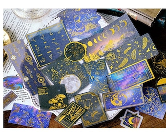 60pcs Moon Deco Stickers Pack, Star Junk Journal Kit, Celestial Gold Foil Washi Stickers, AL014