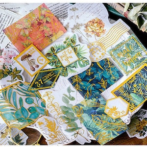 60 stks planten vinyl plakboek stickers pakket, groene bladeren ongewenste dagboek kit, goudfolie washi stickers, planten ephemera pack, AL006