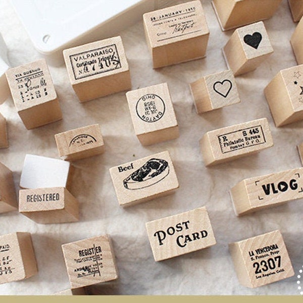 Postage Rubber Stamp Set, Postmark Mini Wood Stamps Rubber, Planner Stamp for Bullet Journal, Mood