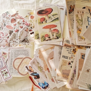 200 Stück Natur Junk Journal Kit, Scrapbook Papier Kit, Journal Ephemera Pack, Vintage Journal, Pflanzen, Pilz Aufkleber, Etikett, AL725-1
