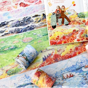 Washi Tape, Junk Journal Kit, Deko Aufkleber für Bullet Journal, Scrapbook, Grassland, Blumen, Schneefeld, Landschaft, Stimmung-338