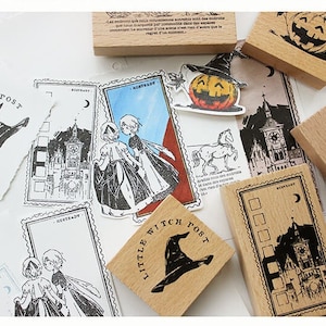 Sellos de goma de madera, carruaje de calabaza de Halloween, castillo de la luna, sellos de sombrero de mago para álbumes de recortes, creación de tarjetas, estado de ánimo 41