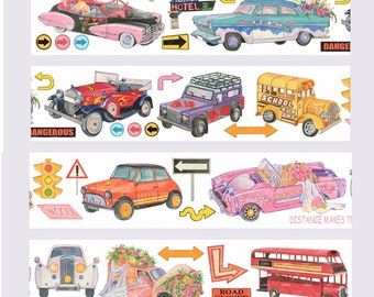 Vintage Cars Washi Tape for Diary Journal, Collage Kit Scrapbook, Washi Tape Samples,Masking Tape|Mood-33