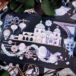 Cinta adhesiva para mascotas, washi y transparente, pegatinas kawaii, kit de diario basura para planificador, álbum de recortes/pluma, castillo de Oriente Medio, Shine-31