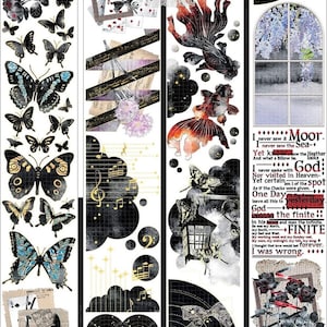 Ruban adhésif PET fond papillon noir, adhésif washi/transparent, autocollants kawaii, kit de journal indésirable pour agenda, scrapbooking | TXB-04