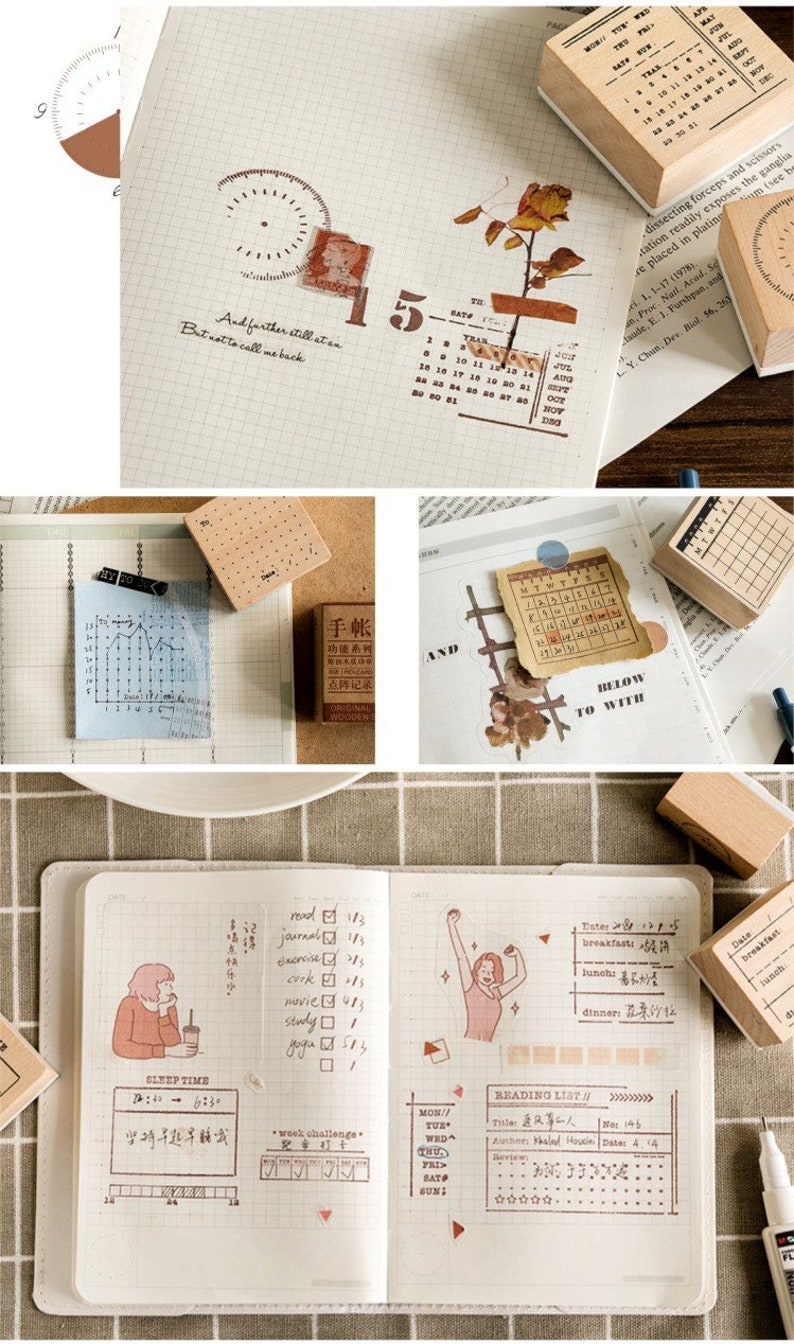 Rubber Planner Stamps Set, Habit Tracker Stamps,Book Stamps for Bullet Journal, Calendar Wood Stamp Rubber,Bujo Stamps 18types image 7