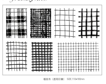 Puede incluir: Una colección de patrones de cuadrícula en blanco y negro, incluyendo diseños de cuadros y rayado cruzado, etiquetados como "Grinding cloth". Los patrones varían en grosor y espaciado de las líneas. El tamaño es de 11 cm x 16 cm.