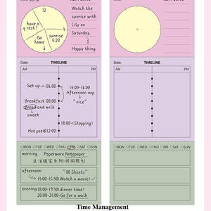May include: A pink and green time management notepad with a clock graphic, timeline, and key points. The notepad includes sections for daily schedules, with text in English and Chinese characters. The notepad is designed for organizing daily activities.