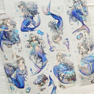 Ruban adhésif PET sirène, ruban adhésif transparent, autocollants kawaii, kit de journal indésirable pour agenda, scrapbooking | style conte de fées, océan, YIMU-13