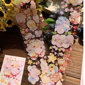 Cinta adhesiva para mascotas Balloon Bear, washi y transparente, pegatinas kawaii, kit de diario basura para planificador, estilo de álbum de recortes/cuento de hadas, Tournesol-02