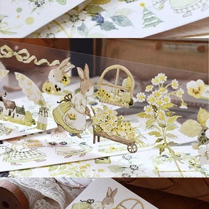 Bunny in Garden PET-tape, washi en doorzichtige tape, kawaiistickers, junkjournaalkit voor planner, plakboek | Konijn, wild veld, wilde bes-14
