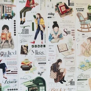 Cinta adhesiva PET Coffee Time, cinta washi/transparente, kit de diario basura, pegatinas de diario para Bullet Journal, diario de lectura/Reading Girl, Mood-318