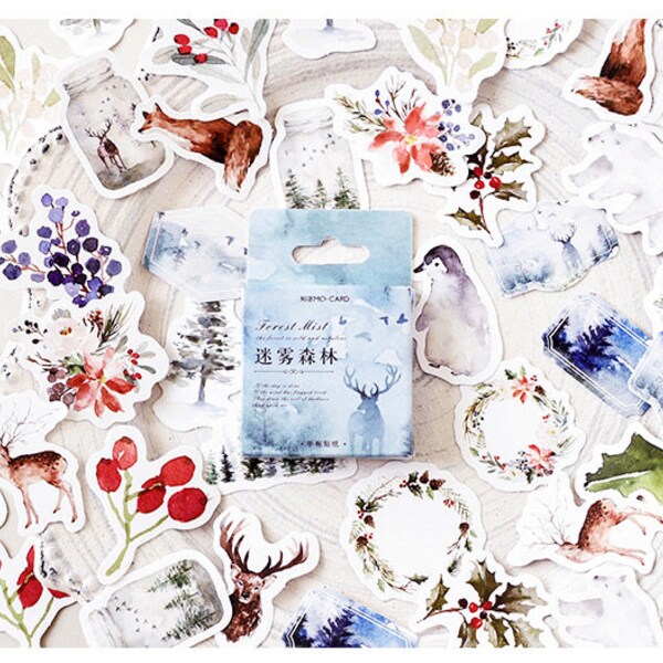 46pcs Winter Forest Stickers for Journal, Deer Scrapebook, Fox Aesthetic Stickers, Plant Stickers
