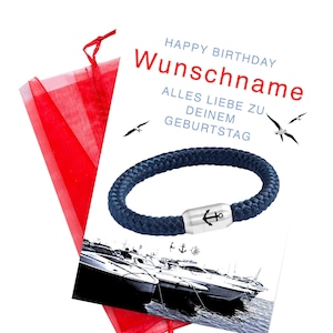 Anker Segeltau Armband | Personalisierte Glückwunschkarte | Edelstahl Magnetverschluss | Anker Gravur | 8 mm Durchmesser Ø