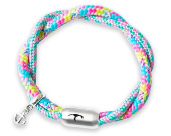 Das Original Sylt-Rainbow Segeltau-Armband, Zweireihig Geflochten, Unisex, Gravur, Anhänger, Magnetverschluss, Durchmesser 8 mm Ø