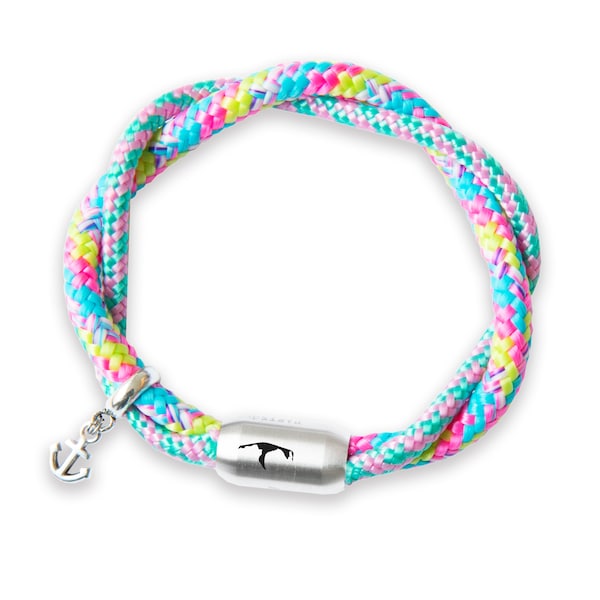 Das Original Sylt-Rainbow Segeltau-Armband, Zweireihig Geflochten, Unisex, Gravur, Anhänger, Magnetverschluss, Durchmesser 8 mm Ø