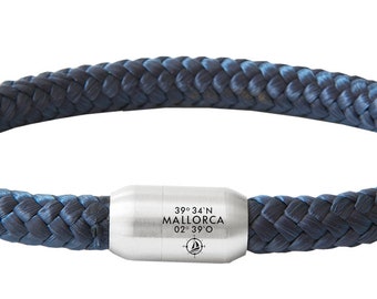 Mallorca Segeltau Armband | Magnetverschluss | Gravur Schriftzug Koordinaten Kompass | Unisex | 8 mm Durchmesser Ø