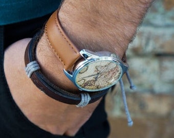 World Map Wrist Watch | Earth Globe Watch | Travelers Wrist Watch | Unisex World Map Watch | Old Map Watch | Globe Traveler Gift Watch
