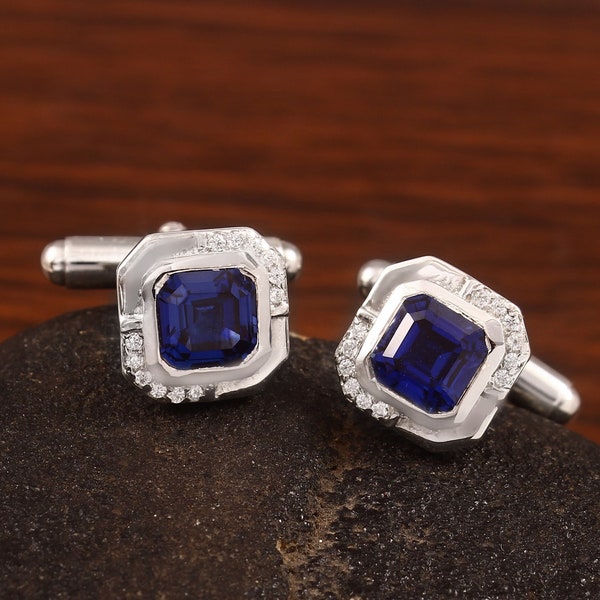 Sapphire Cufflink,925 Sterling Silver/14k Solid gold Men's Bridal Blue Cufflink, gift for men, Suit accessories, Bridal Wedding gift  men