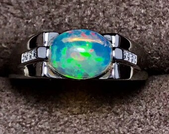 Opal Ring Man, 925 Sterling Silver/9k/14k Solid Gold Opal Engagement Ring For Men, 7X9 MM 2ct Blue Fire Opal Wedding jewelry, fathe's Ring