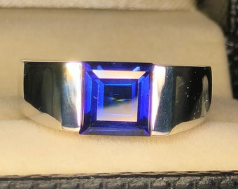 Anillo de hombre de zafiro, anillo de compromiso de plata de ley 925 para hombre, piedra de nacimiento de septiembre de piedra preciosa azul de 8 mm y 4 qt, anillo de sello masculino, regalo de hombre