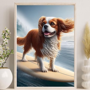 May include: A brown and white Cavalier King Charles Spaniel dog with its tongue sticking out is standing on a surfboard in the ocean. The dog is wearing a white life jacket and has a happy expression on its face.