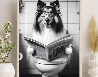 Peut inclure: Une photo en noir et blanc d'un chien portant des lunettes et assis sur des toilettes en train de lire un journal.