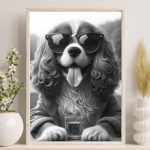 Väggkonst med King Charles kök, King Charles Cavalier-tryck, svartvitt tryck, rolig väggdekoration i köket, utskrivbar väggkonst med kök