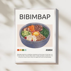 Cartel de Bibimbap, arte de pared de comida retro coreana, impresión de comida, decoración de cocina moderna, cocina coreana, arte de pared retro, impresión vintage, DESCARGA DIGITAL