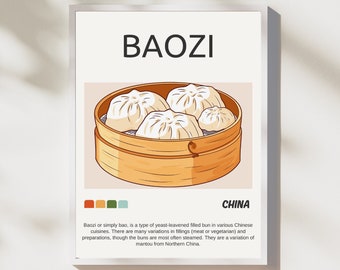 Baozi Poster, Chinese Retro Food Wall Art, Food Print, Modern Kitchen Decor, Chinese Cuisine, Retro Wall Art, Chef Prints, DIGITAL DOWNLOAD