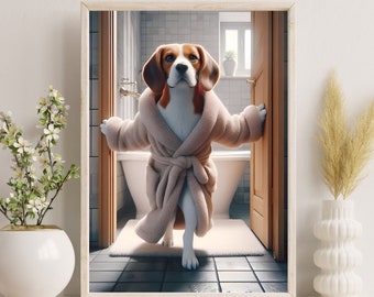May include: A beagle dog wearing a light brown bathrobe stands in a bathroom with a white bathtub and tiled floor. The dog is looking at the camera with a serious expression.