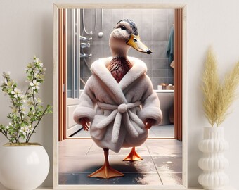 Lámina artística de un pato gracioso en bata / Decoración de baño original (Descarga digital)