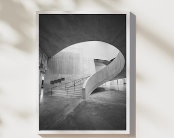 Modern Architecture Print, Black and White Spiral Staircase (Digital Download)