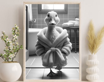 Lámina artística de un pato en bata / Decoración divertida para el baño (Descarga digital)