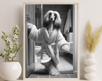 Lámina para baño con galgo afgano en bata / Arte mural de perro gracioso (Descarga digital)