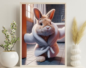 Op de afbeelding: Een ingelijste print met een cartoonkonijn in een witte badjas. Het konijn heeft bruin haar en roze oren en neus. De achtergrond toont een badkamer met een bad en blauwe tegels. De print staat op een houten plank.