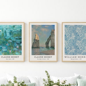 Monet Set of 3 Print, Claude Monet Art Print, Vintage Poster, William Morris Digital Print, Monet Wall Art, Blue Print Set, Digital Download