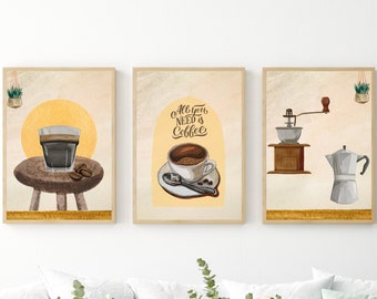 Retro Coffee Art Poster Set: Kitchen Cafe Decor (Digital Download)