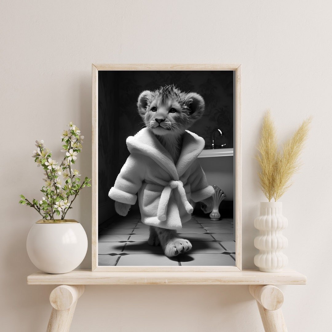 Baby Lion Wall Art | Lion Bathroom Wall Art | Lion Bath Prints | B&W ...