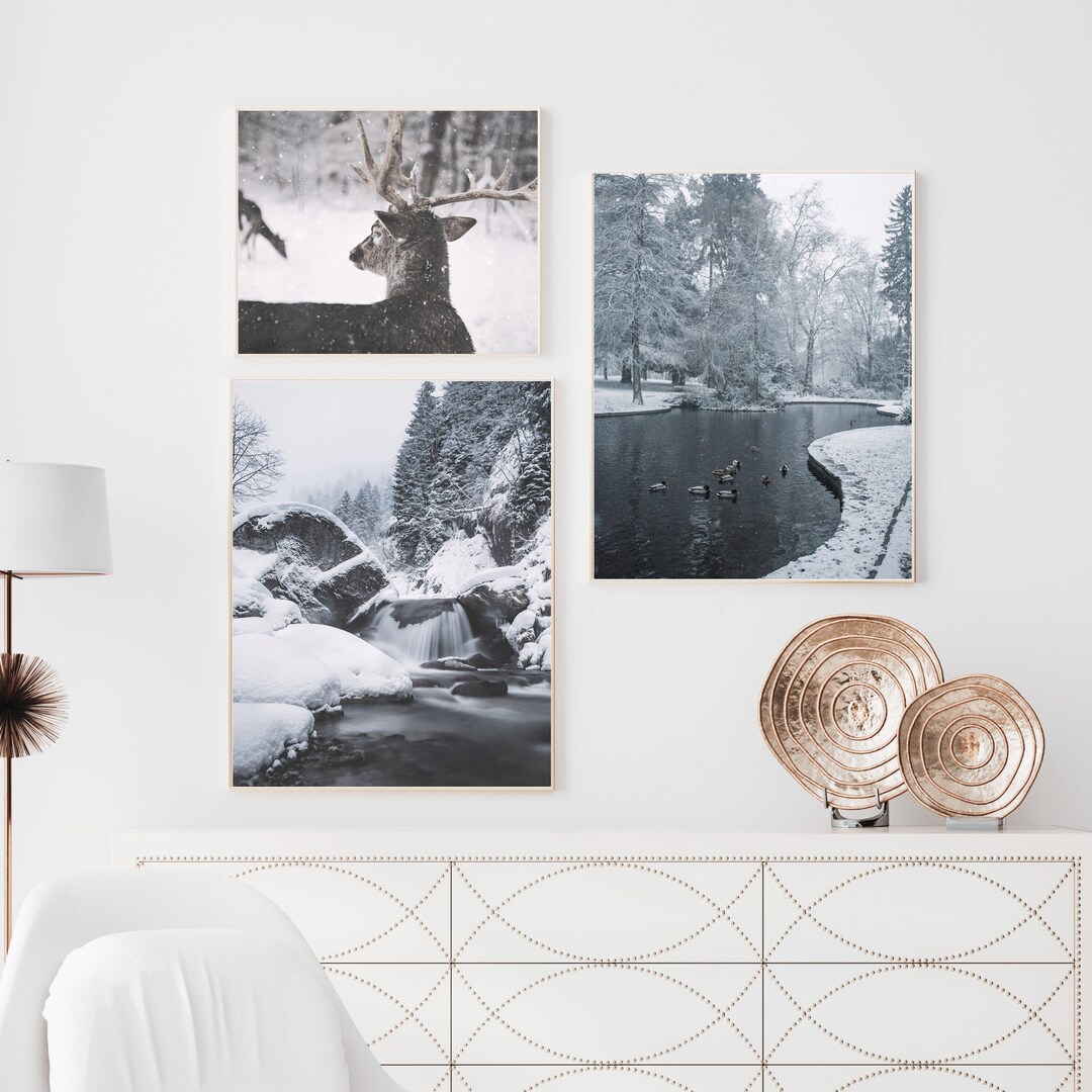 Deer Winter Landscape Art: 3 Piece Snowy Forest Print (digital Download ...