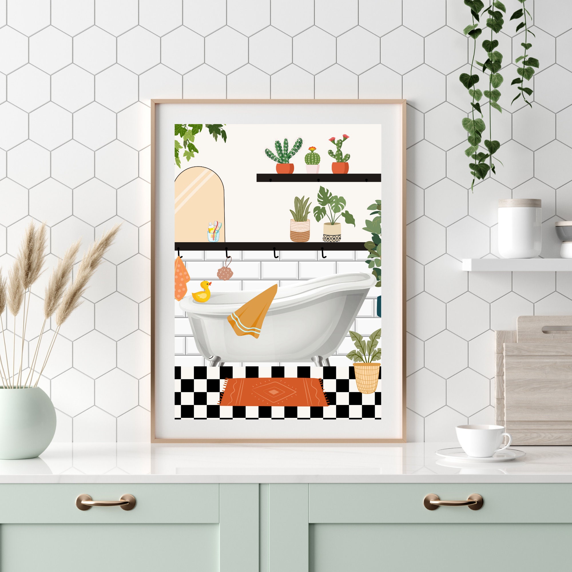 Bathroom Wall Art, Bathroom Plant Print, Retro Bathroom Wall Decor ...