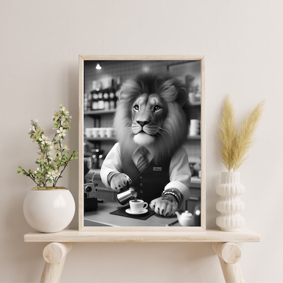 Barista Lion Prints, Black & White Coffee Wall Art, Unique Coffee
