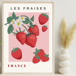 Strawberry Poster Aesthetic Room Decor, Kitchen Printable Wall Art, Fruit Poster, Fruit Market Poster, Fruit Prints, Strawberries Wall Art