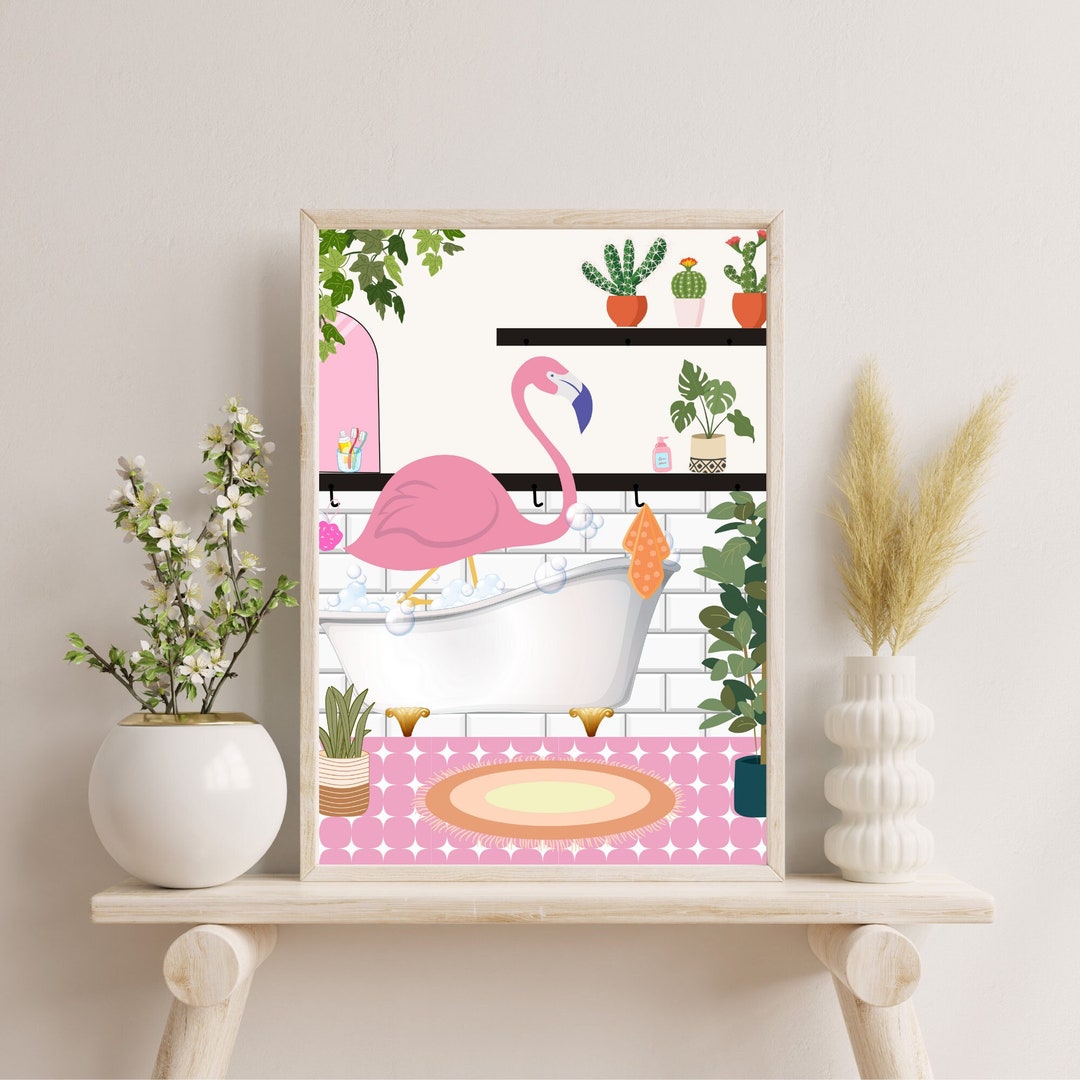 Flamingo in Bathroom Print, Bathroom Plant Print, Pink Bathroom Wall ...