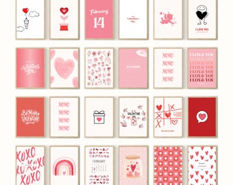 Valentines Art Prints | Set of 24, Pink & Red (Digital Download)